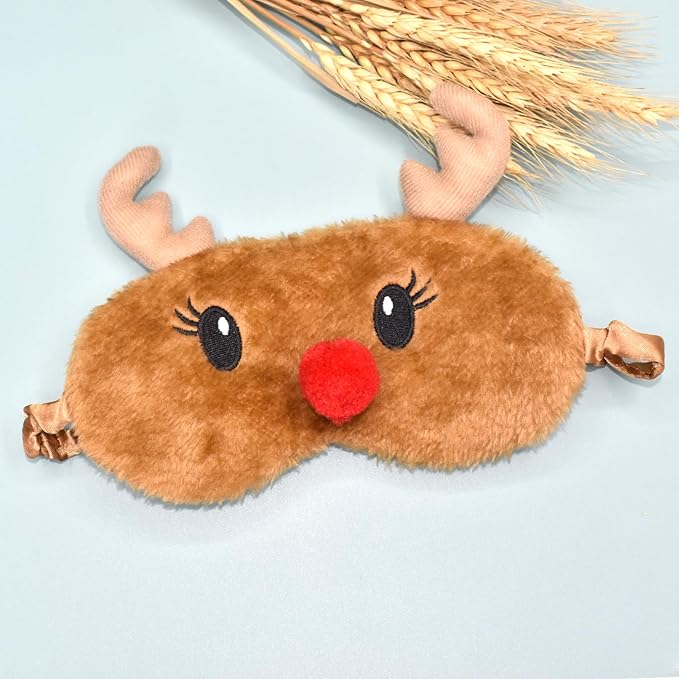 Cute Animal Sleeping Mask Sleep Mask, Christmas Reindeer Soft Plush Eye Masks for Travel Nap Funny Rudolph Blindfold Eye Cover Eyeshade for Adult Teens Men Women - Reindeer, Brown