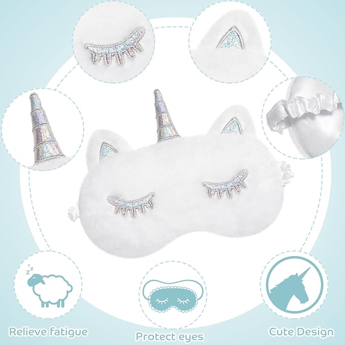 Geyoga 3 Pcs Sleep Mask for Kids, Girls Plush Sleeping Eye Cover Soft Eye Blindfold Cover Animal Shade for Kids(White,Cat and Unicorn Style, White)