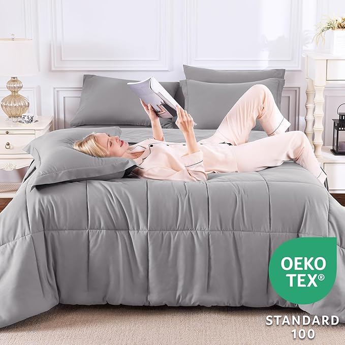 CozyLux King Size Comforter Set Grey - 7 Pieces Bed in a Bag King, Okeo-Tex Certifited Bedding Set, All Season Soft Bed Set with Down Alternative Comforter, Sheets, Pillowcases & Pillow Shams