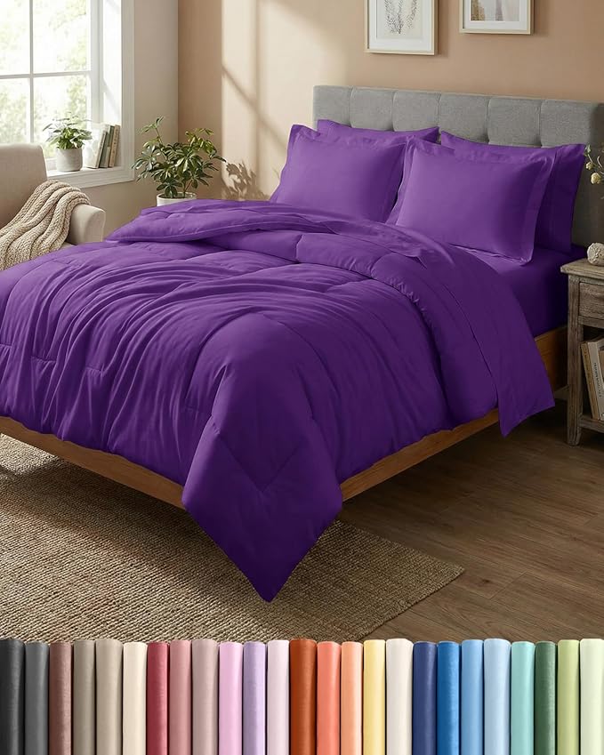 King Comforter Set - 7 Piece Bed in a Bag King Size Bed Set - Down Alternative Comforter, Flat Sheet, Fitted Sheet, Pillowcase & Shams for All Seasons - Ultra Soft, Cozy, Comfy & Breathable - Purple