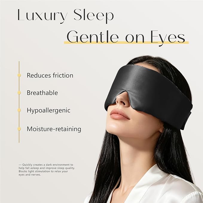 ZIMASILK 22 Momme 100% Mulberry Silk Sleep Mask for Women Sleeping, 3D Contoured Cup Eye Mask for Lash Extensions, Super Soft & Breathable, Blackout Blindfold for Nights (Black)