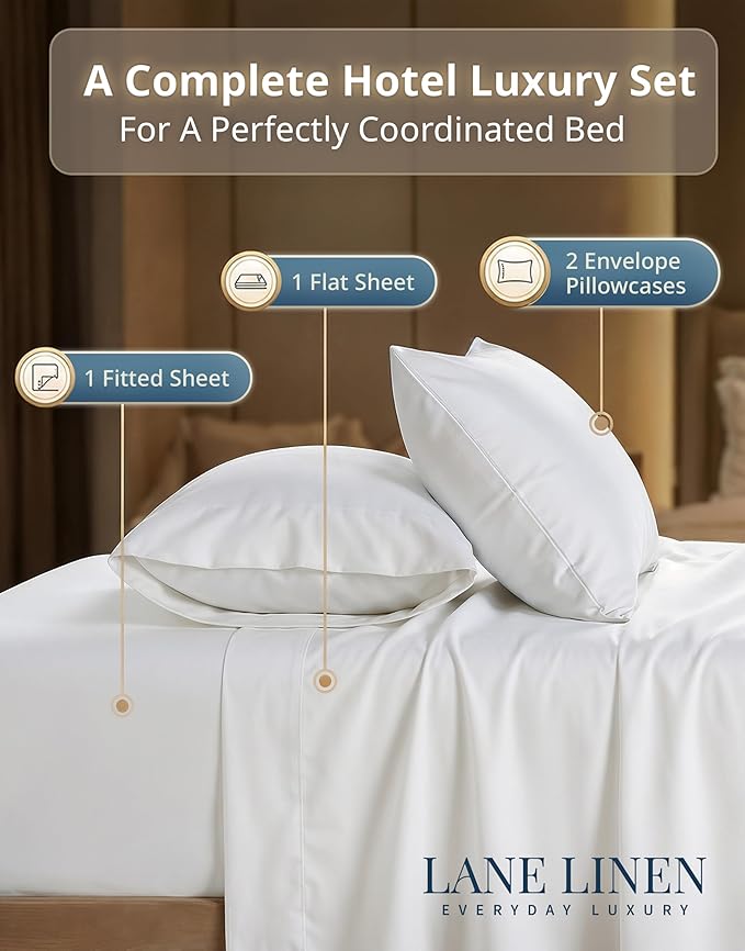 LANE LINEN King Size Sheets Set – 600 Thread Count Long-Staple 100% Cotton Sheets, Naturally Cool & Durable for Everyday Use, 15" Deep Pocket Fitted Sheet with All-Around Elastic for Snug Fit – White