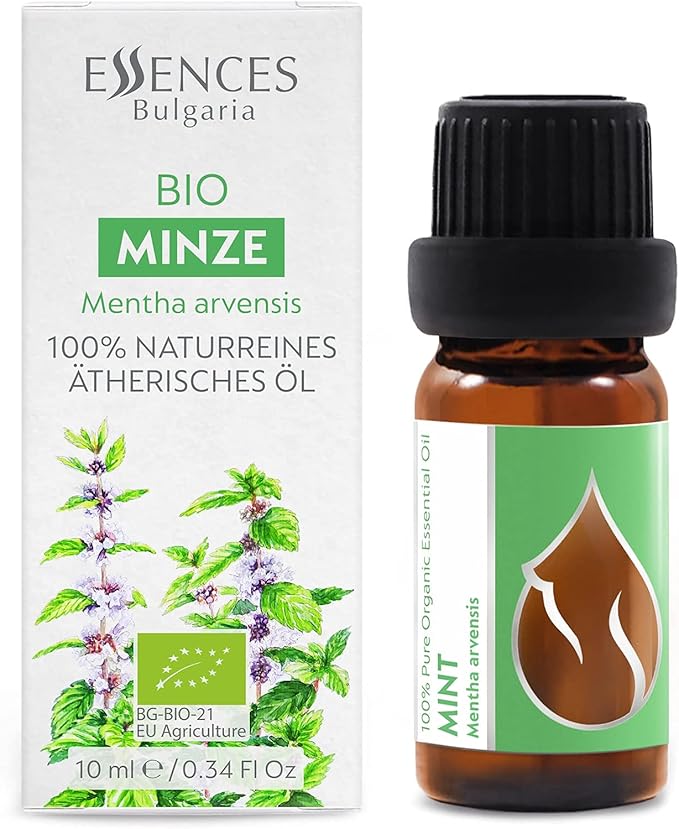 Organic Mint Essential Oil 1/3 Fl Oz (10ml) Mentha arvensis - 100% Pure Natural and Undiluted Therapeutic Aromatherapy Diffuser Fresh Aroma Muscle Cooling Massage Head Tention Relief