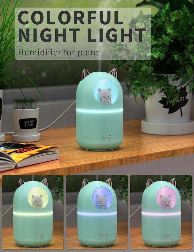 Cool Mist Humidifier,300ml Mini Humidifiers with Night Light,Waterless Auto-Off Air Humidifier,20dB Quiet Humidifiers for Bedroom,Car, Plant for Girl Boy