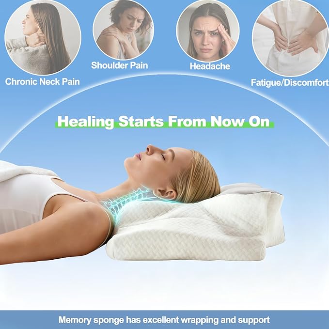 Ergo Cervical Neck Pillow – Ergonomic Neck Pain Relief Pillow for Deep Sleep, Contour Memory Foam Support, Odorless, Cooling Breathable Pillowcase, Ideal for Side Back Stomach Sleepers (Grey)