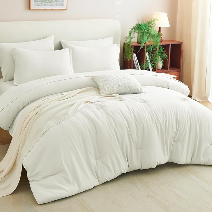 CozyLux Full Size Comforter Sets Ivory, 7 Pieces Bed in a Bag Full Comforter Set with Sheets, Luxury Soft Bedding Set with Down Alternative Comforter, Fitted Sheet, Flat Sheet, Pillowcases & Shams