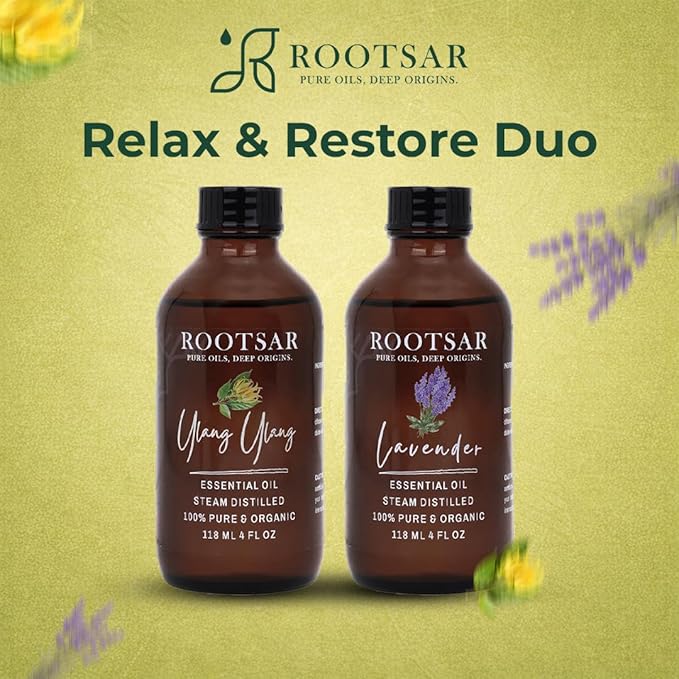 Lavender & Ylang Ylang Essential Oils Set – 100% Pure & Natural Diffuser Oils for Sleep, Stress Relief, Mood Support & Romantic Atmosphere – Premium Duo 4 FL OZ / 118 ML Per Bottle