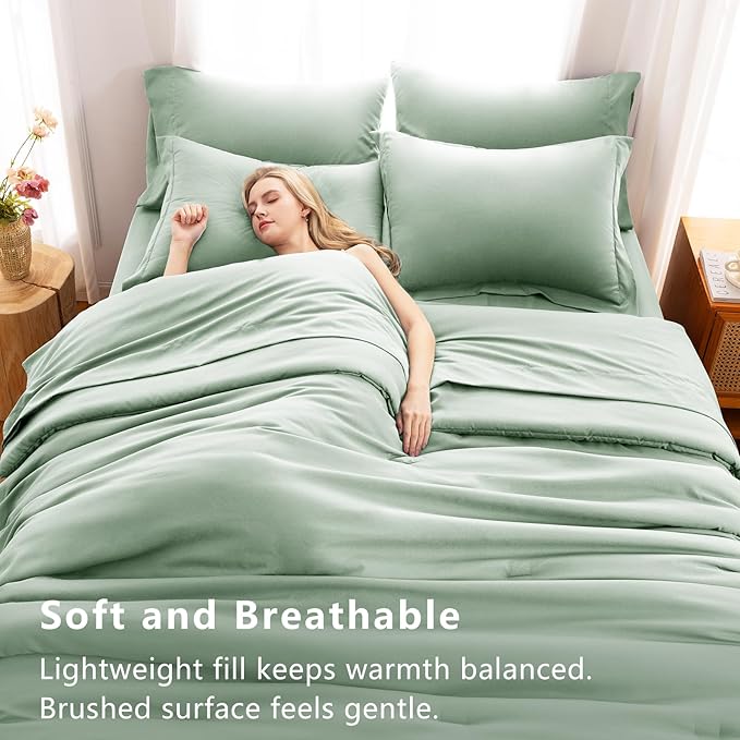 CozyLux Full Comforter Set Sage Green, 7 Pieces Bed in a Bag, Bedding Comforter Set with Sheets, All Season Boho 7PC Bed Sets with Comforter, Fitted Sheets, Flat Sheets, Pillow Shams and Pillowcases