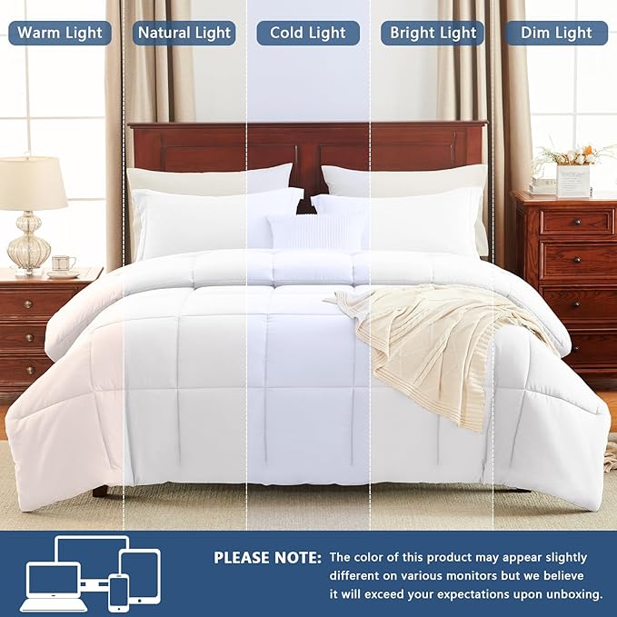 CozyLux Super King Plus Comforter Set, 3 Pieces White 128x120 Box Stitched Design Soft Bedding Set, All Season Lightweight Breathable Bed Set with 1 Down Alternative Comforter and 2 Pillow Shams