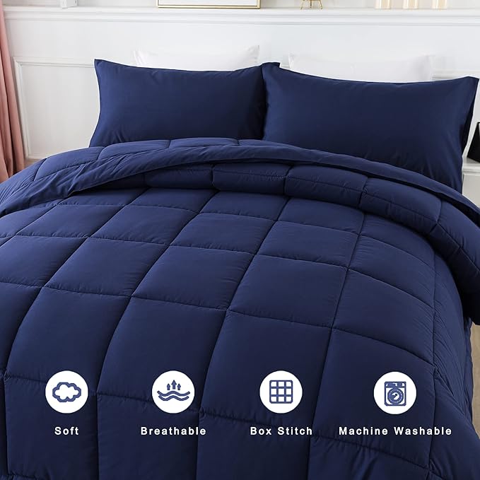 DOWNCOOL Queen Comforter Set -All Season Bedding Comforters Sets with 2 Pillow Cases -3 Pieces Bedding Sets Queen -Down Alternative Blue Comforter Set for Queen Size Bed(88"x92")