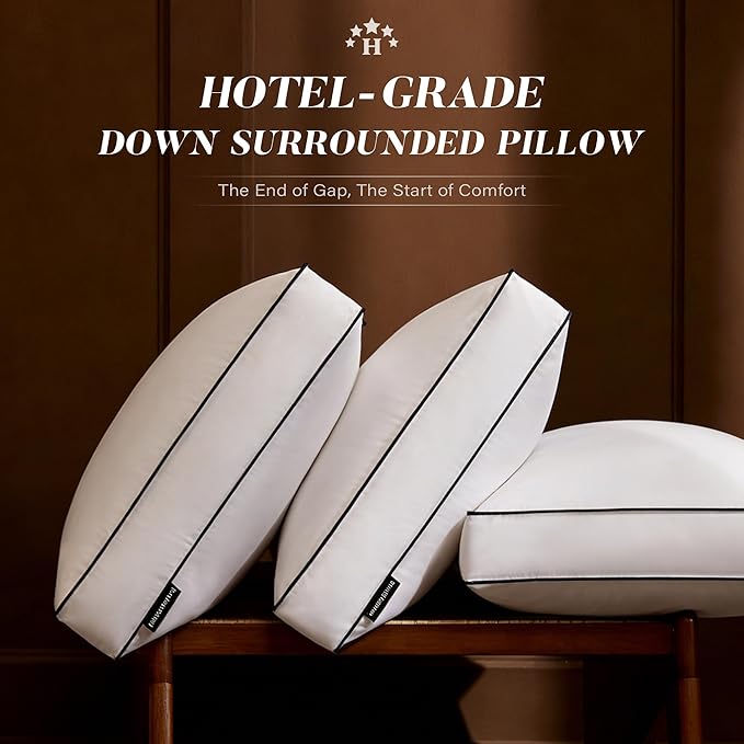 Goose Feather Down Pillows Standard Size Set of 2, Down Surrounded Hotel Collection Bed Pillow for Sleeping with Gusset, 2 Pack, Fluffy Plush for Side, Back Sleepers 20x26 in.