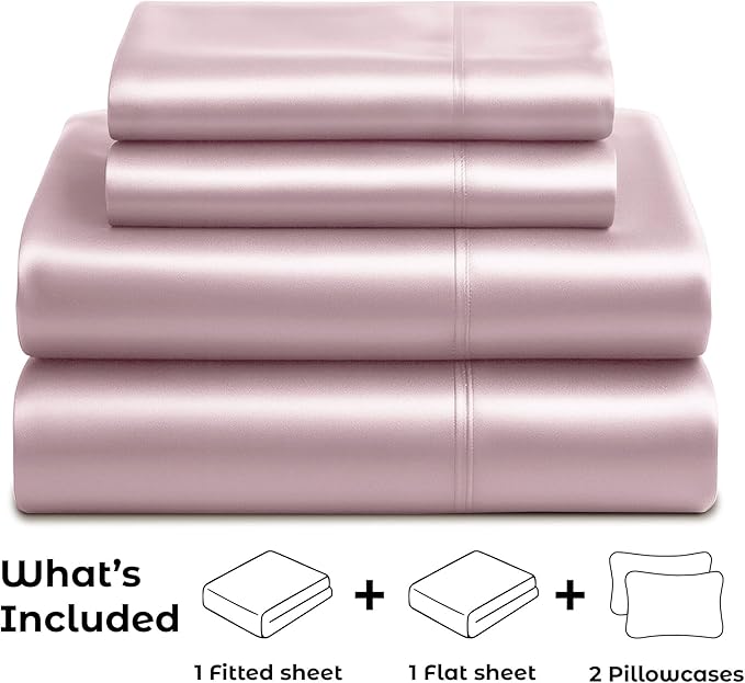 Pure Bedding Satin Sheets Full [4-Piece, Champagne Pink] Hotel Luxury Silky Bed Sheets - Extra Soft 1800 Microfiber Sheet Set, Wrinkle, Fade, Deep Pocket Fitted Sheet, Flat Sheet, Pillow Cases