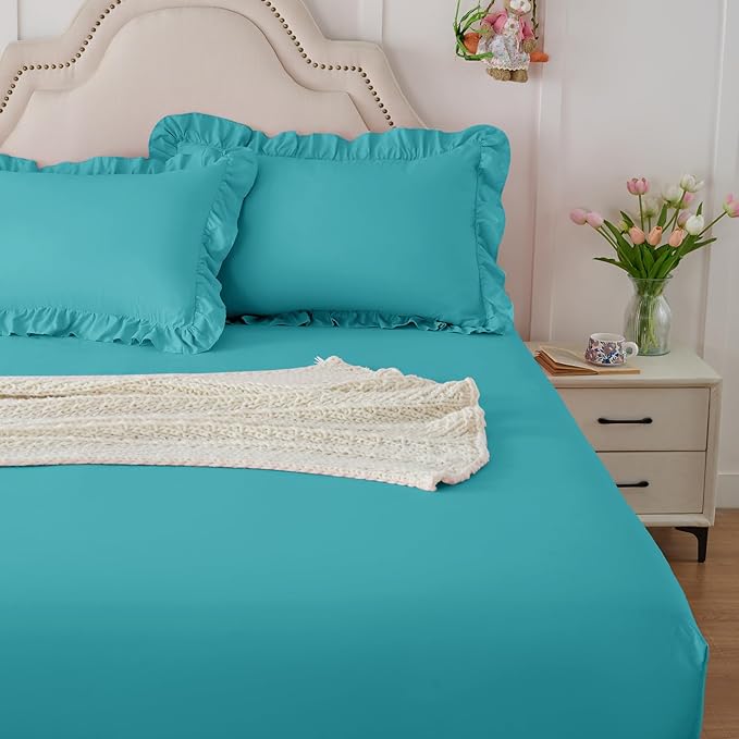 Homiest 3-Pieces Ruffle Pillow Case & Fitted Sheet Set, Teal Blue King Sheets with 2 Ruffled Pillow Shams, 15 Inch Deep Pocket, Cute & Coquette Microfiber Bed Set for Decorating Bedroom Hotel