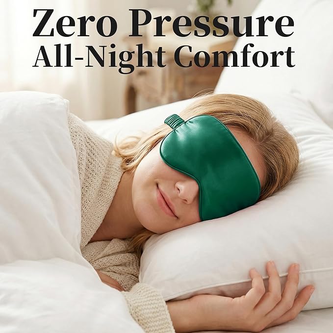 ZLYC 100% Mulberry Silk Sleep Mask Pressure-Free Eye Cover Soft Light Blocking Blindfold for Travel & Nap, Solid Dark Green