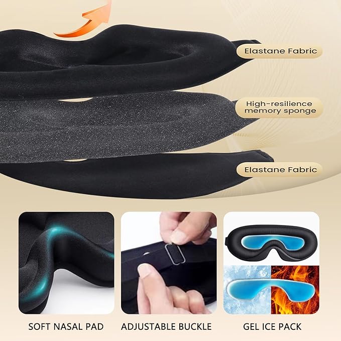 Sleep Mask for Side Sleeper, Upgraded 3D Contoured Cup Eye mask Blindfold for Man Women, Block Out Light, Eye mask with Adjustable Strap, Breathable & Soft for Sleeping, Yoga, Traveling (Black)
