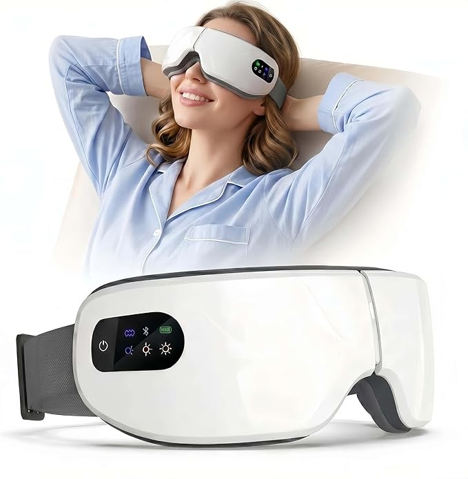 Eye Massager Mask with Heat & Bluetooth Music, 7 Modes for Migraine Relief, Sleep Improvement, Portable, Eye Mask, Gift for Women Men Friends Mom Dad Eyeris 1 White