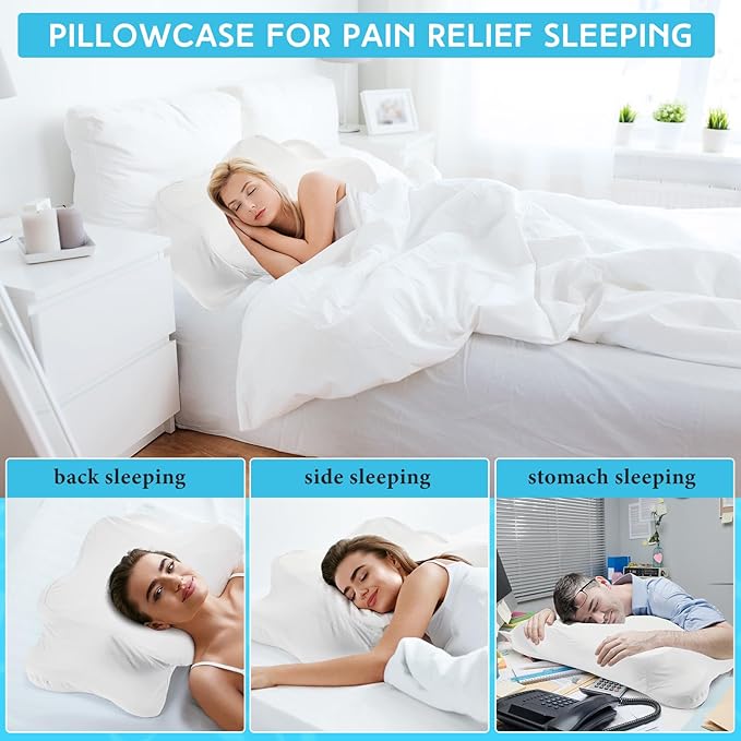 Hahafelt Cooling Cervical Neck Pillowcase Cover (Only Pillow Case) Ergonomic Pillowcase with Zipper Breathable Contour Pillow Cover for Side Back Stomach Sleepers(White,Queen Size)