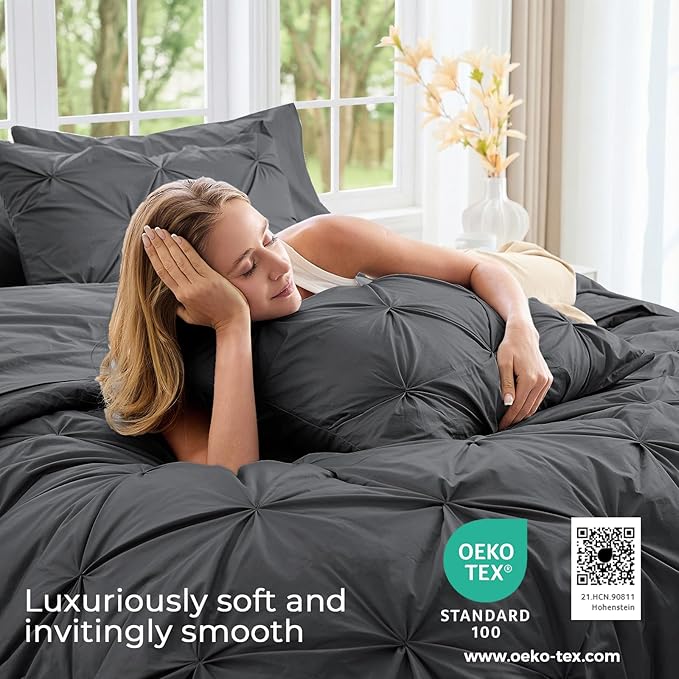 Sasttie Twin Comforter Set, 5-Piece Bed in a Bag, Pintuck Bedding Sets for All Season, Includes Comforter, Flat Sheet, Fitted Sheet, Pillowcase and Pillowsham, Dark Grey