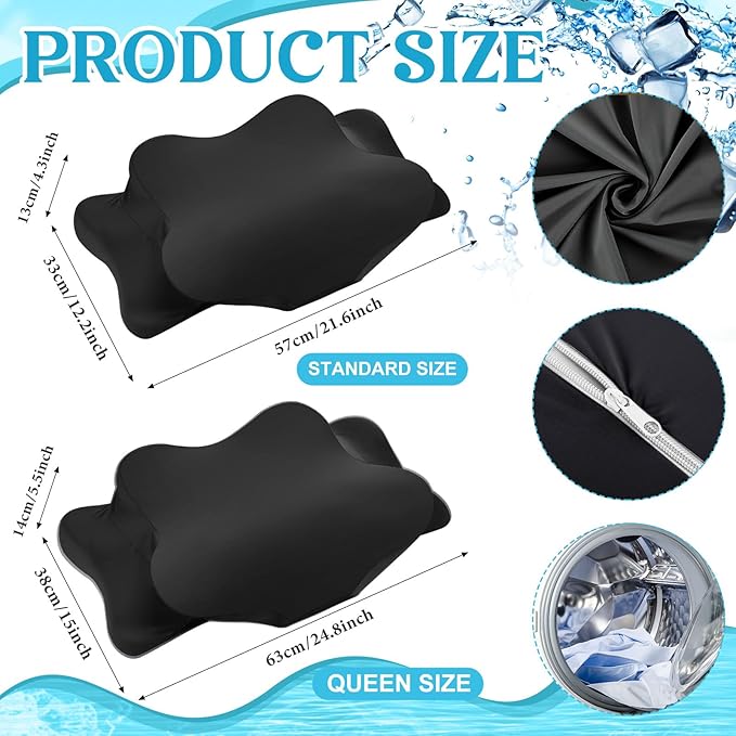 Hahafelt 2 Pcs Cooling Cervical Pillowcase with Zipper (Only Pillowcase) Ergonomic Cervical Neck Pillow Cover Breathable Cool Pillow Case for Side Back Stomach Sleepers(Black,Standard Size)