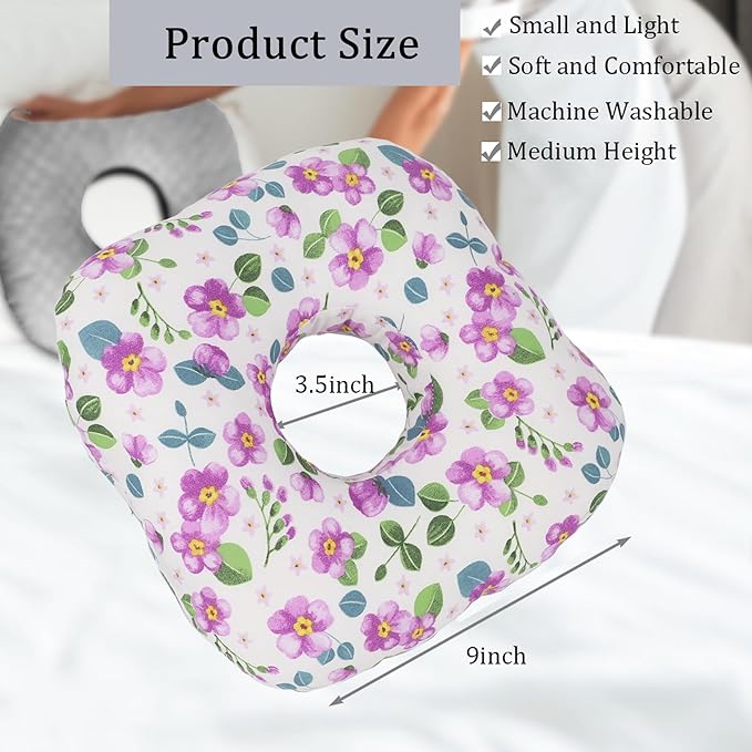 Ear Piercing Pillow for Side Sleepers, Pillow with an Ear Hole for CNH and Ear Pain Ear Inflammation Pressure Sores, O-Shaped Side Sleeping Pillow, Ear Guard Pillow (Purple Flowers)