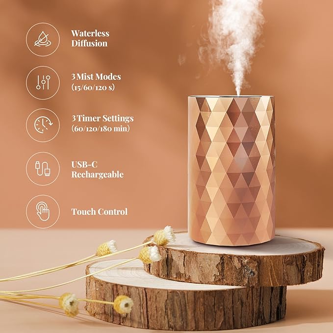 Waterless Essential Oil Diffuser - Rose Gold Portable Aromatherapy Scent Machine with 3 Mist Modes & Timer