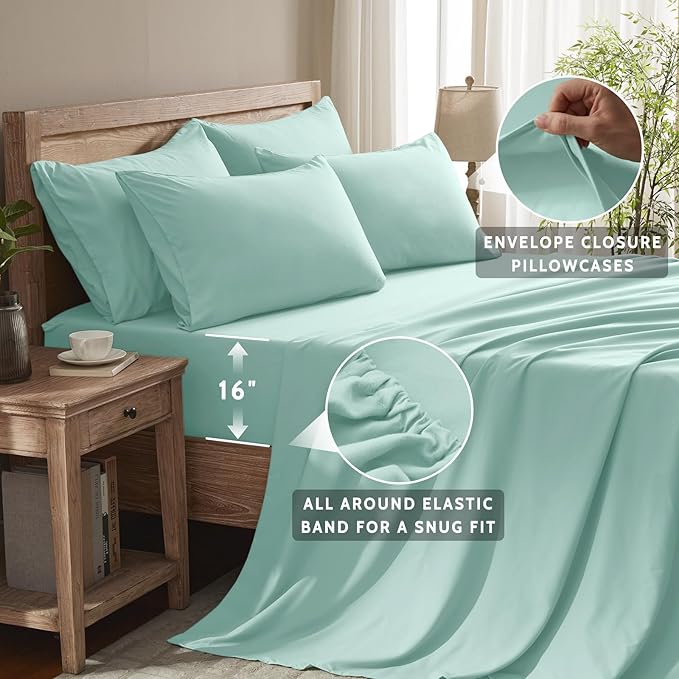 Queen Sheet Set - 6 Piece Sheets Queen Size Bed Set - Breathable & Cooling Hotel Luxury Bedding Set - Soft & Comfy Fully Elasticized 16" Deep Pocket Queen Sheets (Queen Spa Blue)