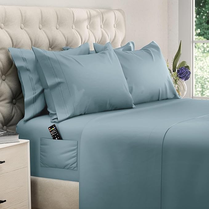 DREAMCARE Queen Sheet Set - 6 pcs Breathable Cooling Bed Sheets - up to 21" Extra Deep Pocket Queen Sheets Set with Side Pockets - Extra Soft 100% Brushed Hypoallergenic Hotel Luxury Bedding Mnrl Blue