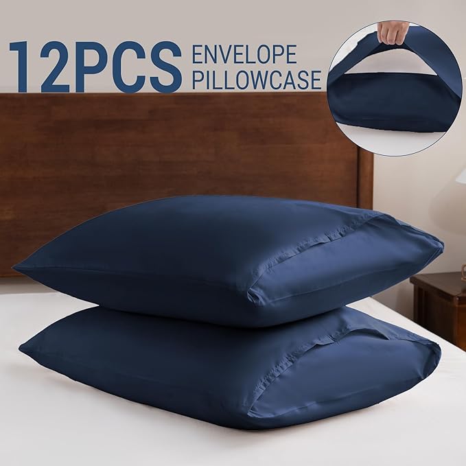 Pillowcases King 12 Pack, 20x36 Pillow Cases with Envelope Closure, Soft Plain Brushed Microfiber Covers Breathable Wrinkle-Resistant, Navy Blue