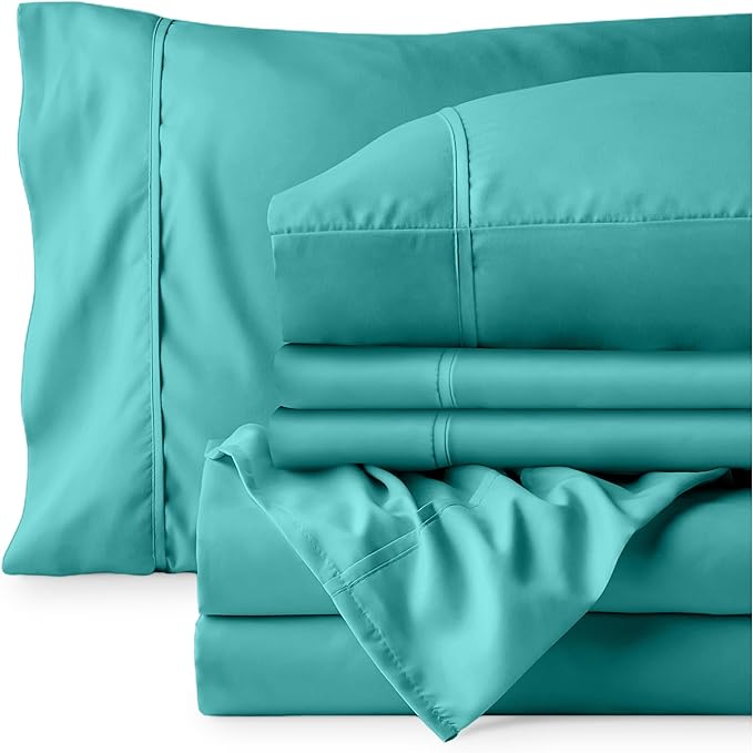 Bare Home Hotel Luxury Queen Sheet Set, Extra Soft - 6 Piece Set - Deep Pockets - Easy Fit - Cooling & Breathable - Wrinkle, Fade, Stain Resistant - Includes 4 Pillowcases (Queen, Turquoise)