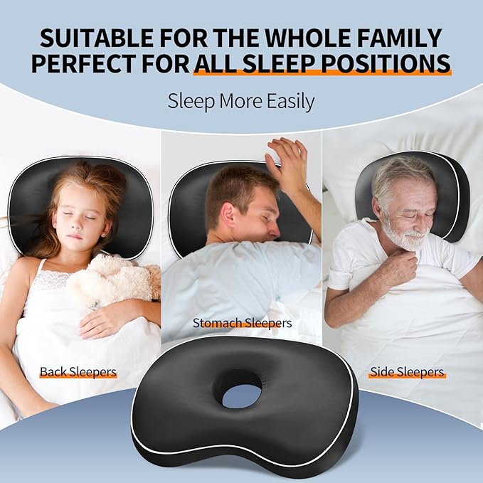 Ear Piercing Pillow with Hole for Side Sleepers for CNH and Ear Pain Inflammation Pressure Sores, Cotton and Polyester Adjustable Filling and Washable Ear Guard Pillow (Light Black Silk)