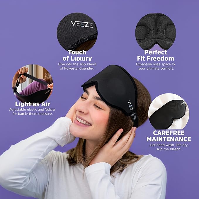 VEEZE Sleep Mask for Sleep - Sleeping Mask with Nose Flap - Soft Eye Mask for Sleep Adjustable Elastic Strap - Sleep Masks for Women & Men - Eye Covers for Sleeping - Blackout Eye Mask for Sleeping