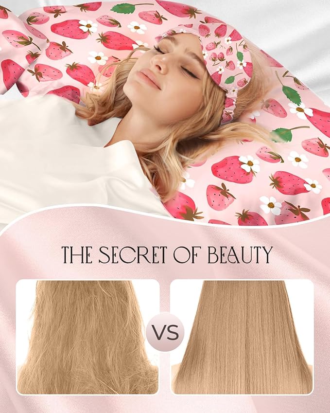 Miss Adola 1Pack Mulberry Silk Pillow Case for Hair and Skin Standard 26"x20" Silk Pillowcase with Eye Mask & Scrunchie Soft Silk Pillowcase Sleeping for Women, Wife, Female - Strawberry