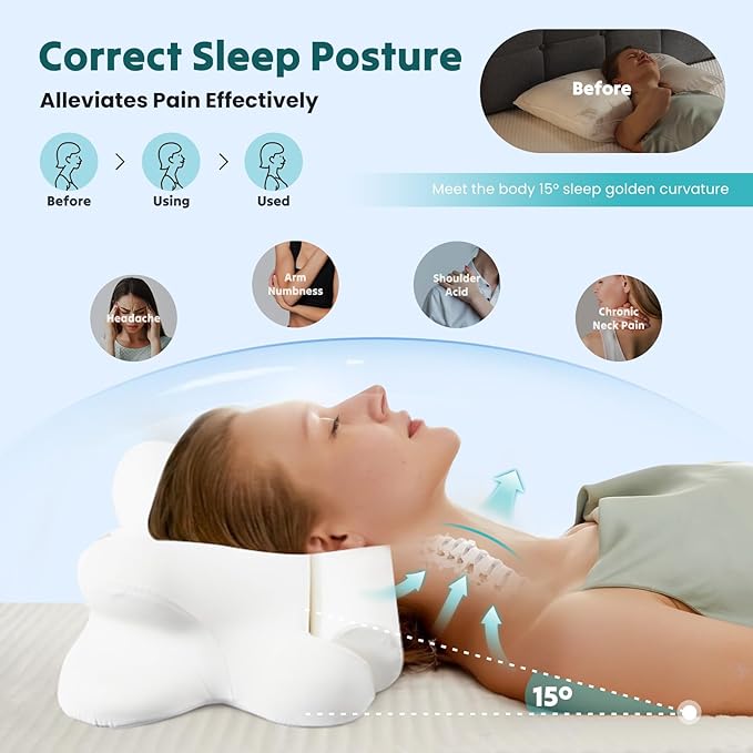 NEWBULIG Cervical Neck Pillow - Ergonomic Memory Foam Pillow for Neck Pain Relief, Contour Orthopedic Bed Pillow for Side, Back & Stomach Sleepers with Neck Support, 25.81" Lx14.6 W, White