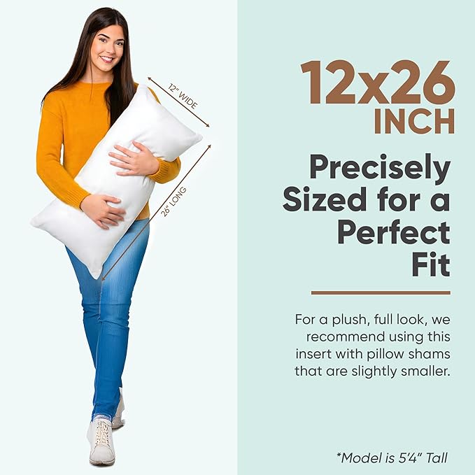 Pillowflex Synthetic Down Pillow Insert - 12x26 Down Alternative Pillow, Ultra Soft, Large Rectangle, Lumbar, Travel, Neck, Sleeping Pillow - 1 Decorative Pillow Form