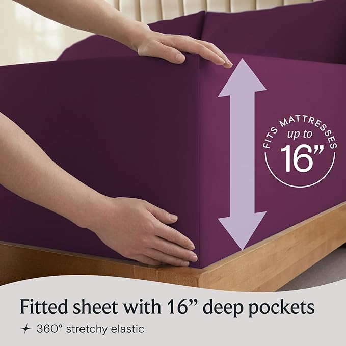 LuxClub 4 PC King Sheet Set, Breathable Luxury Bed Sheets, Deep Pockets 18" Wrinkle Free Cooling Bed Sheets Machine Washable Hotel Bedding Silky Soft - Eggplant King