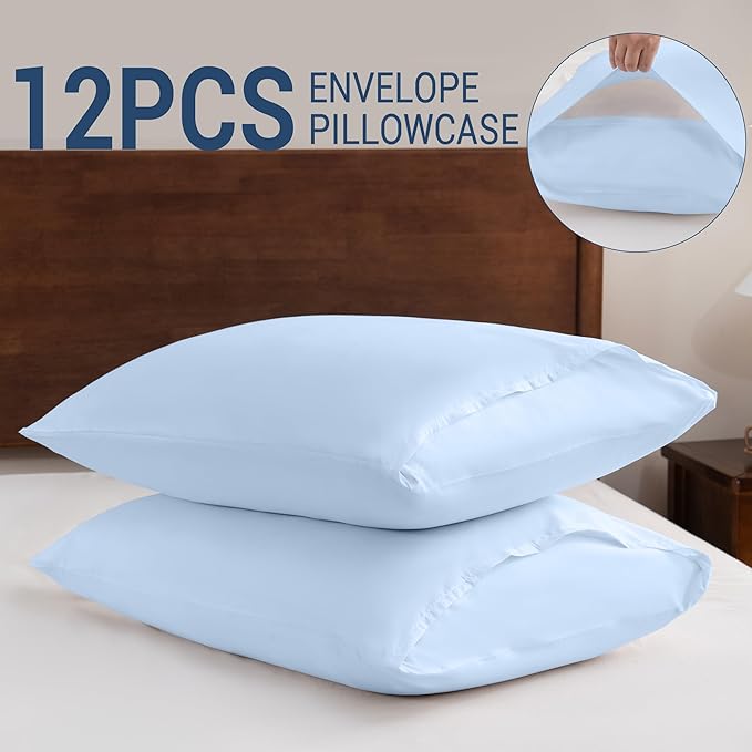 Pillowcases Queen 12 Pack, 20x30 Pillow Cases with Envelope Closure, Soft Plain Brushed Microfiber Covers Breathable Wrinkle-Resistant, Light Blue