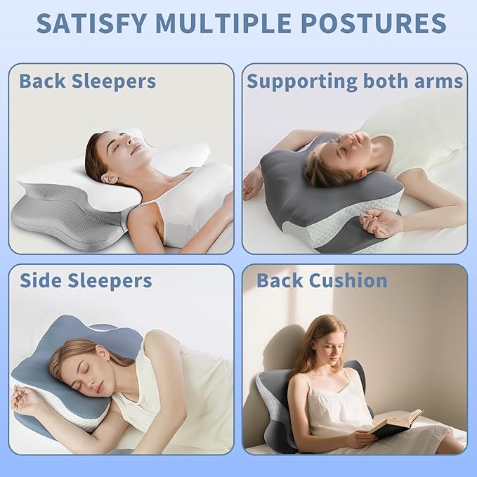 Memory Foam Cervical Pillow - Cooling Side Sleeper Pillow for Sleeping, Ergonomic Memory Foam Pillows for Neck Support, Contour Orthopedic Bed Pillow for Back Stomach Sleepers (Blue)