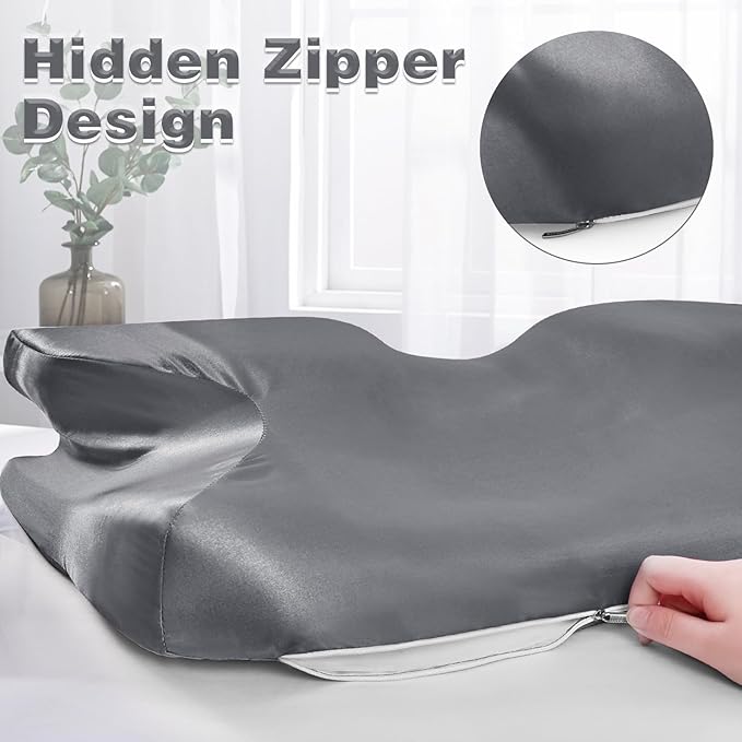 Satin Pillowcase for Cervical Pillow, Dark Grey Silky Cervical Pillow Case Contour Pillow Case Cover with Zipper, Smooth Ergonomic Pillowcase for Neck Pillow Cover