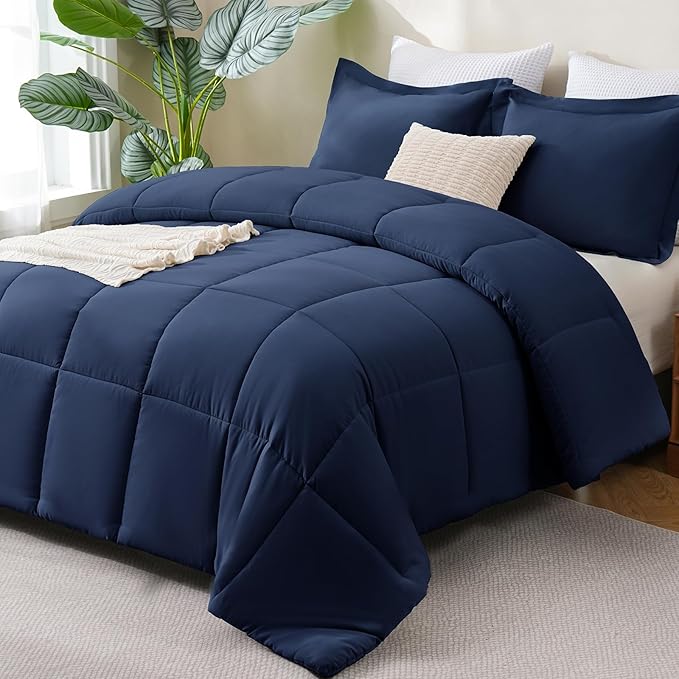 CozyLux Super King Plus Comforter Set, 3 Pieces Navy Blue 128x120 Box Stitched Design Soft Bedding Set, All Season Lightweight Breathable Bed Set with 1 Down Alternative Comforter and 2 Pillow Shams