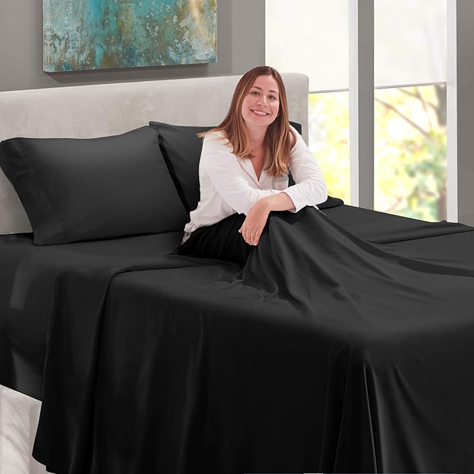 Nestl Full Size Sheet Set, 4 Piece Extra Deep Pocket (18-24 inches), Microfiber, Hotel Luxury, Soft, Breathable, Wrinkle-Free, Easy to Care, Black