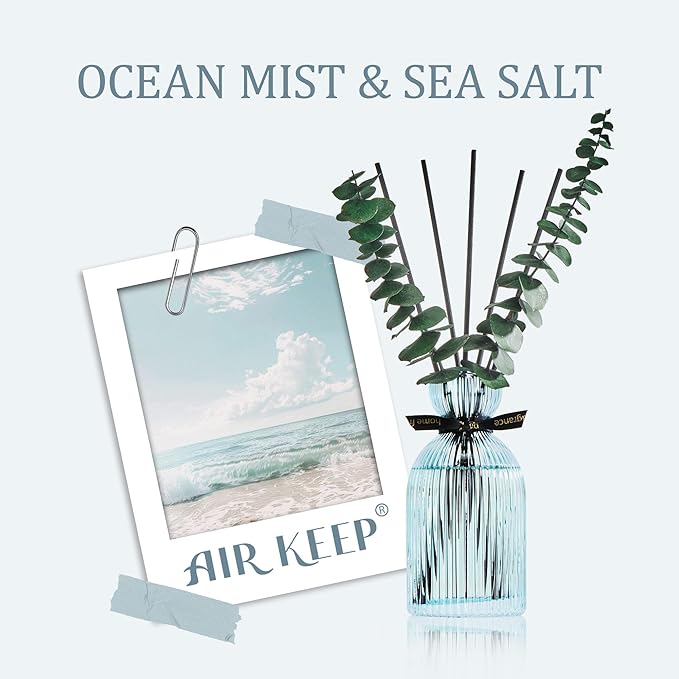 Airkeep Reed Diffuser Set 6.76 oz – Ocean Mist Home Fragrance with Eucalyptus Sticks – Decorative Glass Bottle for Bathroom, Bedroom & Living Room Décor – Gift Ready