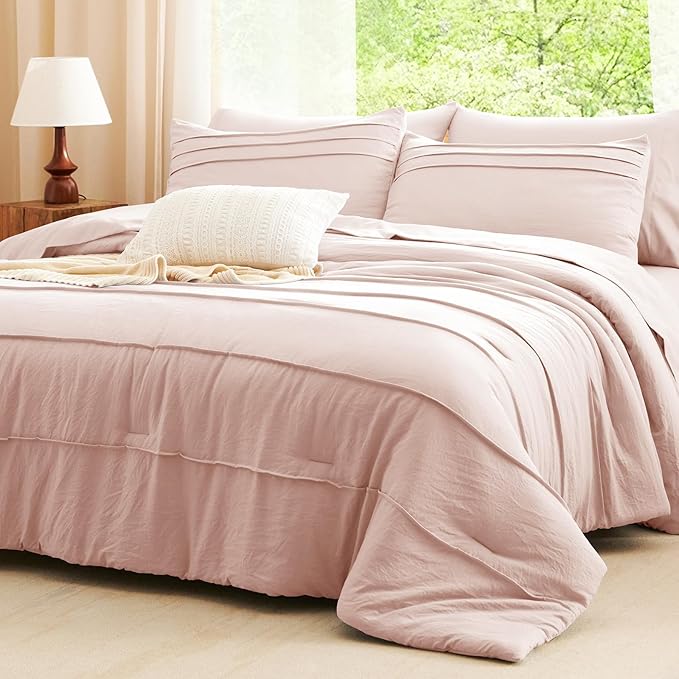 CozyLux Queen Comforter Set Pink, 7 Pieces Soft Pinch Pleat Bed in a Bag Queen Comforter Set with Sheets, Boho Bed Set with Down Alternative Comforter, Sheets, Pillowcases & Shams