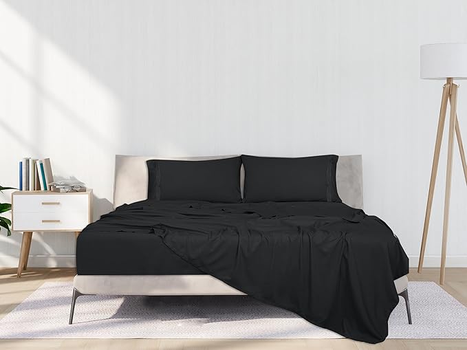 ROYALE LINENS 3 Piece Twin Sheets Set - Soft Brushed 1800 Microfiber Bedding - 1 Fitted and 1 Flat Sheet, 1 Pillow case - Wrinkle Free & Fade Resistant - Hotel Luxury Bed Sheets Set (Black, Twin)