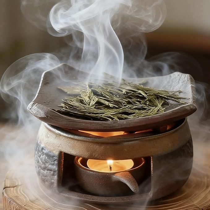 Ceramic Aromatherapy Stove Essential Oil Burner with Wooden Base,Cedar and Zen Herb Burner,Incense Burner Kit for Home Office Natural Fragrance Diffuser, Meditation Relaxation (1)
