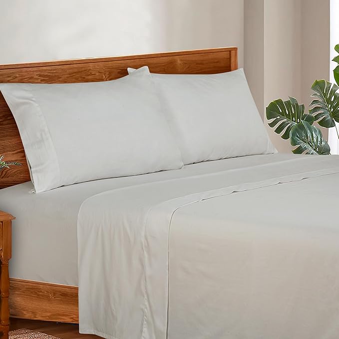 ROYALE LINENS 300 Thread Count 100% Long Staple Combed Cotton Sheet Set - 4 Piece Queen Bed Sheets - 1 Fitted, 1 Flat & 2 Pillow Cases - Soft Cool & Crisp Sheet Set (Queen, Dove)