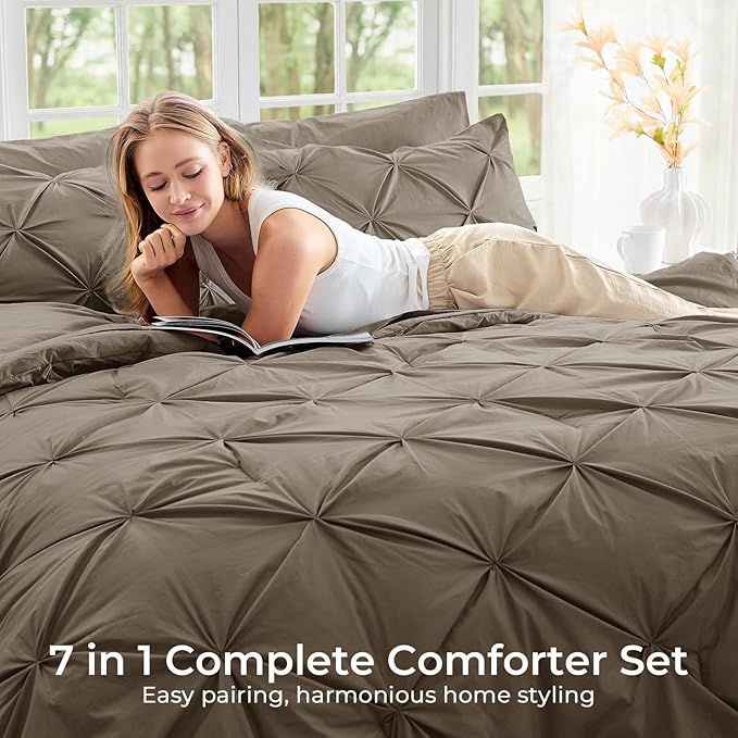 Sasttie King Size Comforter Set, 7-Piece Bed in a Bag, Pintuck Bedding Set for All Season, Includes Comforter, Flat Sheet, Fitted Sheet, Pillowcases and Pillowshams, Brown