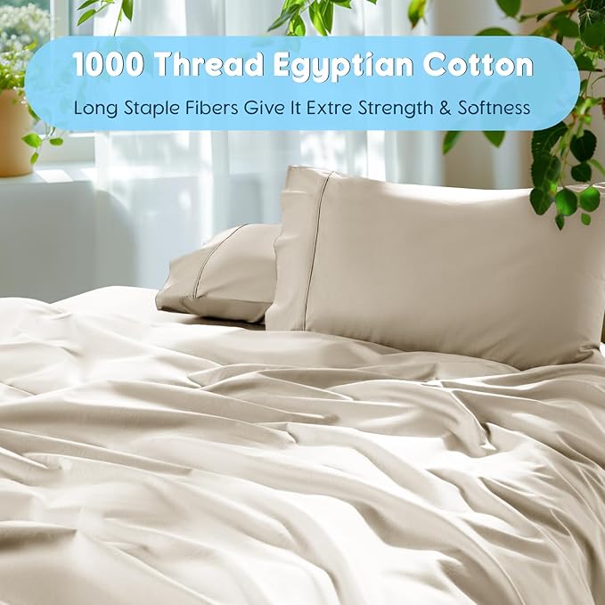 SONORO KATE 100% Egyptian Cotton Sheets Set - 1000 High Thread Count, Luxury 5-Star Hotel Sateen Bed Sheets, Soft, Breathable Long Staple Sheets, Fit up to 16" - 4 PC (Cream,King)