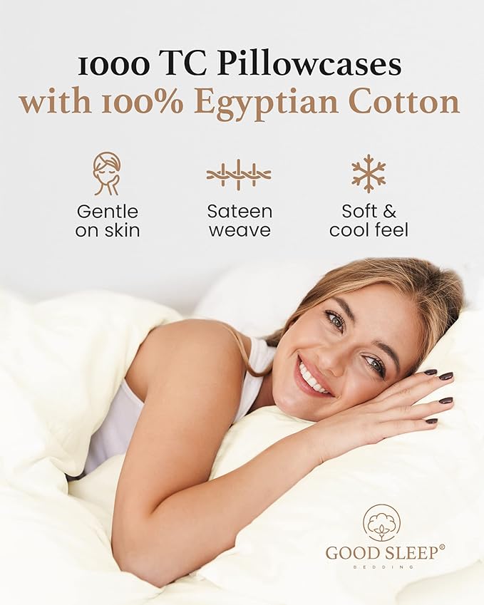 1000 TC Ivory King Pillowcases Set of 4 100% Egyptian Cotton Pillow Cases with Long Staple Cotton & Sateen Weave, Silky Soft Hotel - Like Bed Pillow Covers for Comfy Sleeping, Snug Fit