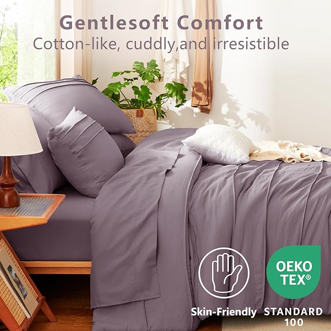 CozyLux King Size Comforter Set Dusty Purple, 7 Pieces Soft Pinch Pleat Bed in a Bag King Comforter Set with Sheets, Boho Bed Set with Down Alternative Comforter, Sheets, Pillowcases & Shams