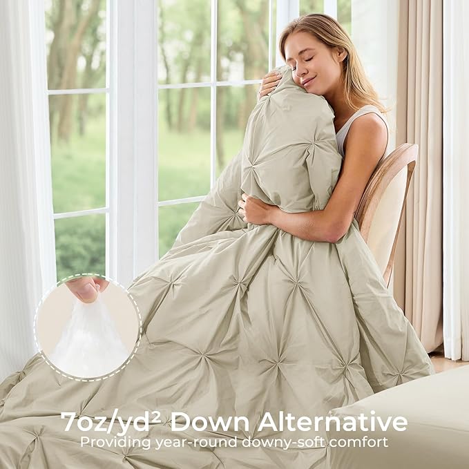 Sasttie California King Comforter Set, 7-Piece Bed in a Bag Cal King, Pintuck Bedding Set for All Season, Includes Comforter, Flat Sheet, Fitted Sheet, Pillowcases and Pillowshams, Linen